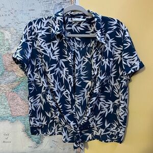 Pink Rose Navy and White Leaf Print Blouse